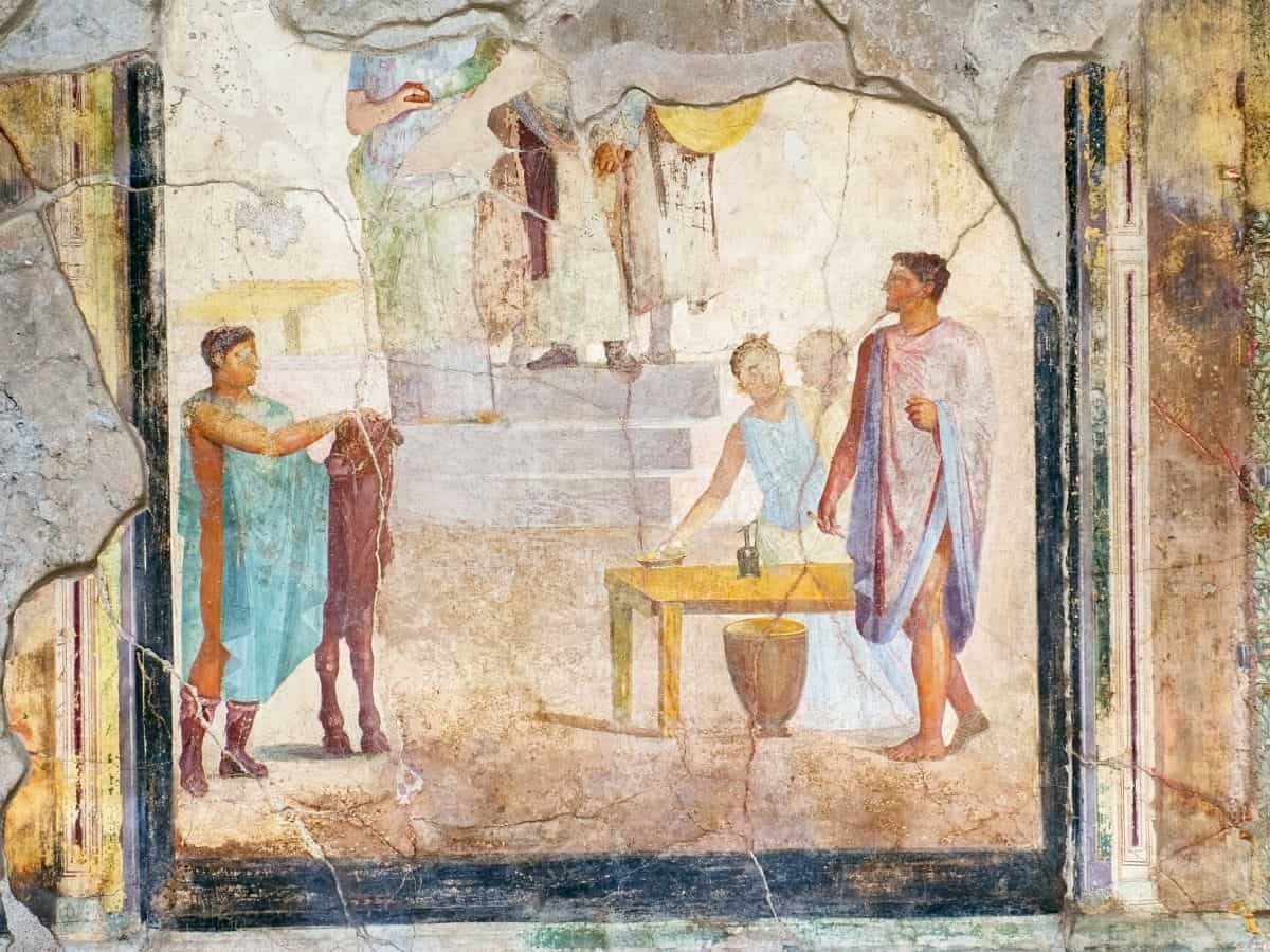  A fresco painting from Pompeii depicting the abduction of Helen of Troy by Paris.